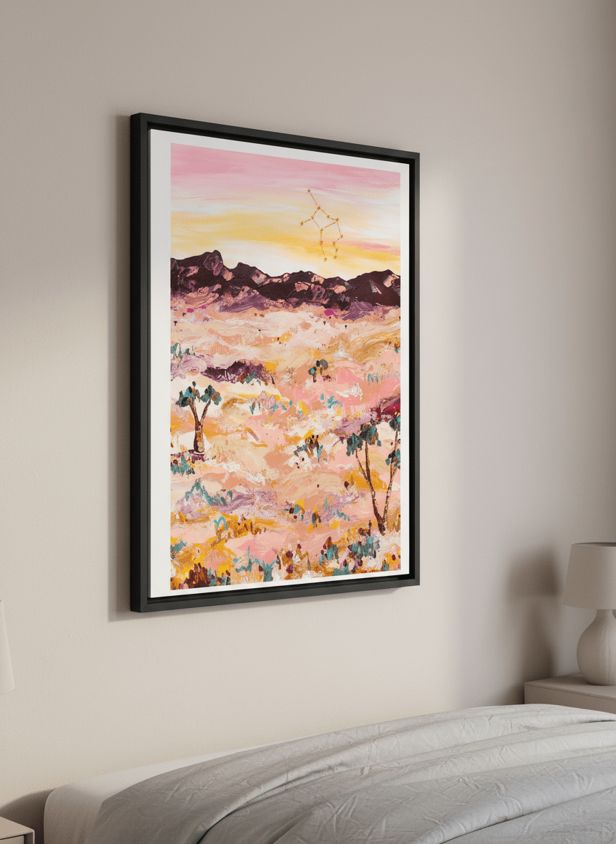 Minimalist artwork displayed in a calm, light-filled bedroom interior