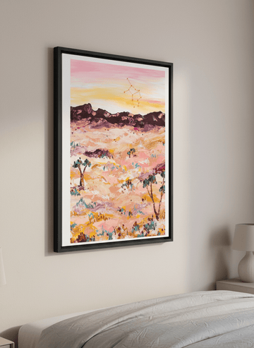 Minimalist artwork displayed in a calm, light-filled bedroom interior