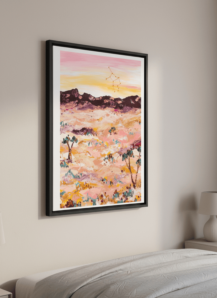 Minimalist artwork displayed in a calm, light-filled bedroom interior