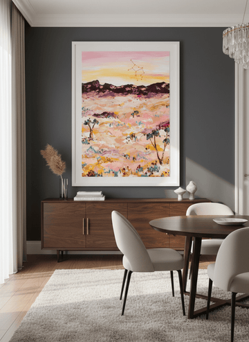 Monumental artwork centred on a feature wall in a luxe interior