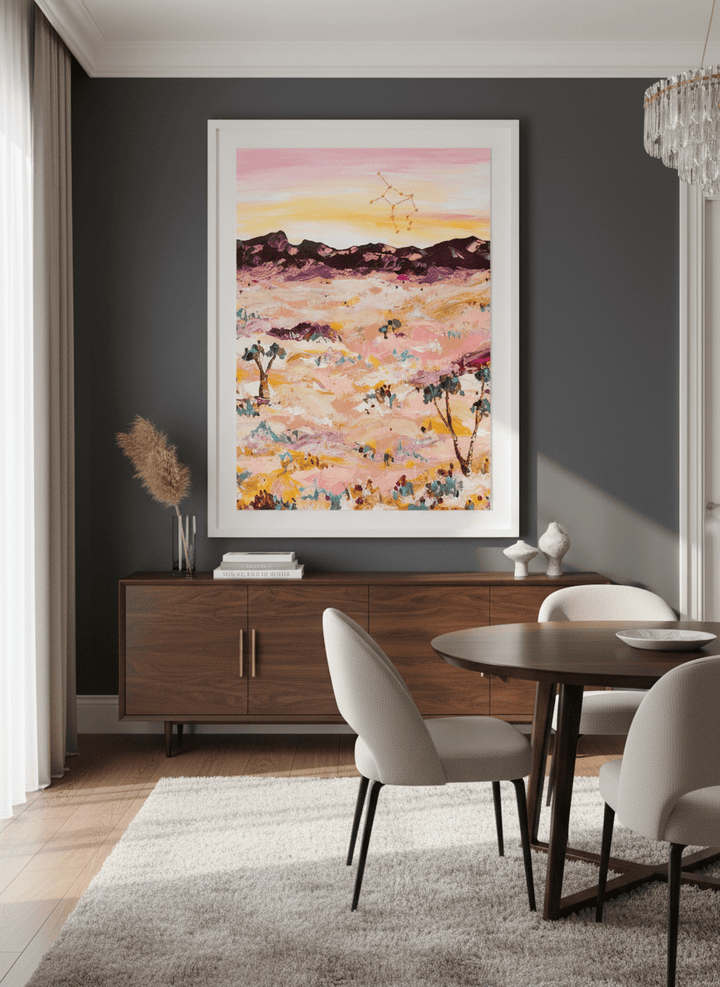 Monumental artwork centred on a feature wall in a luxe interior