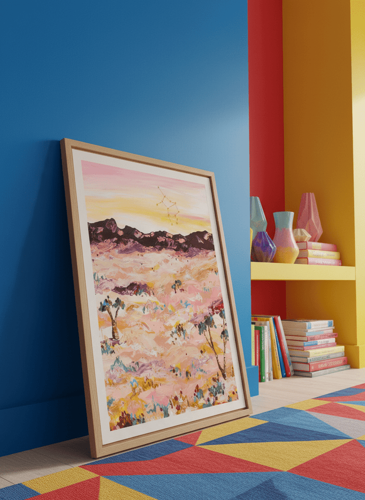 Bold wall art styled in a colourful, eclectic modern home