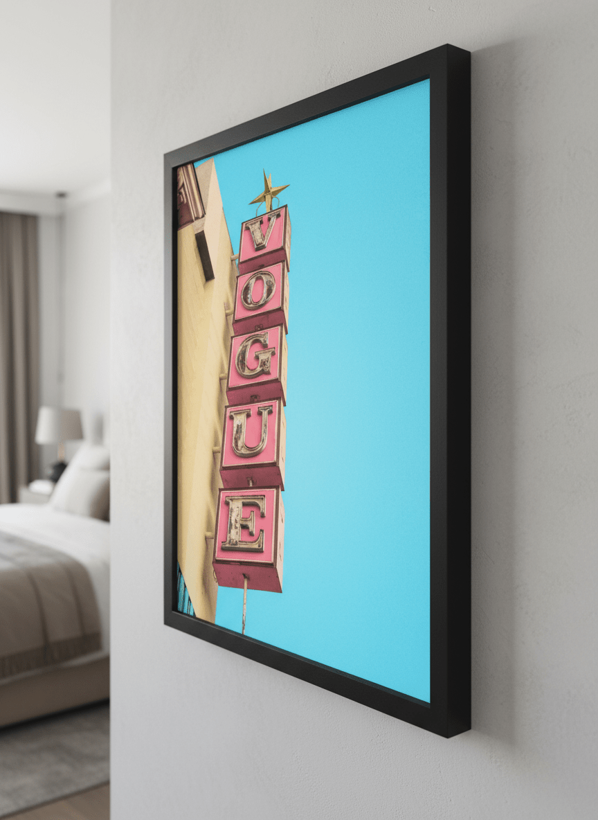 Minimalist artwork displayed in a calm, light-filled bedroom interior