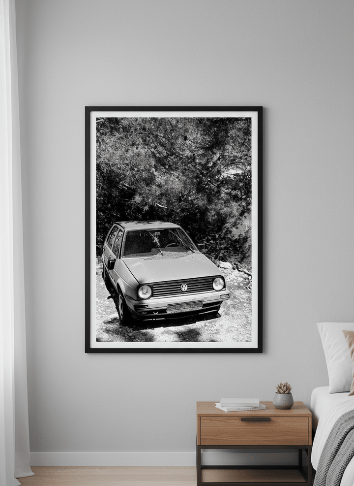 Minimalist artwork displayed in a calm, light-filled bedroom interior