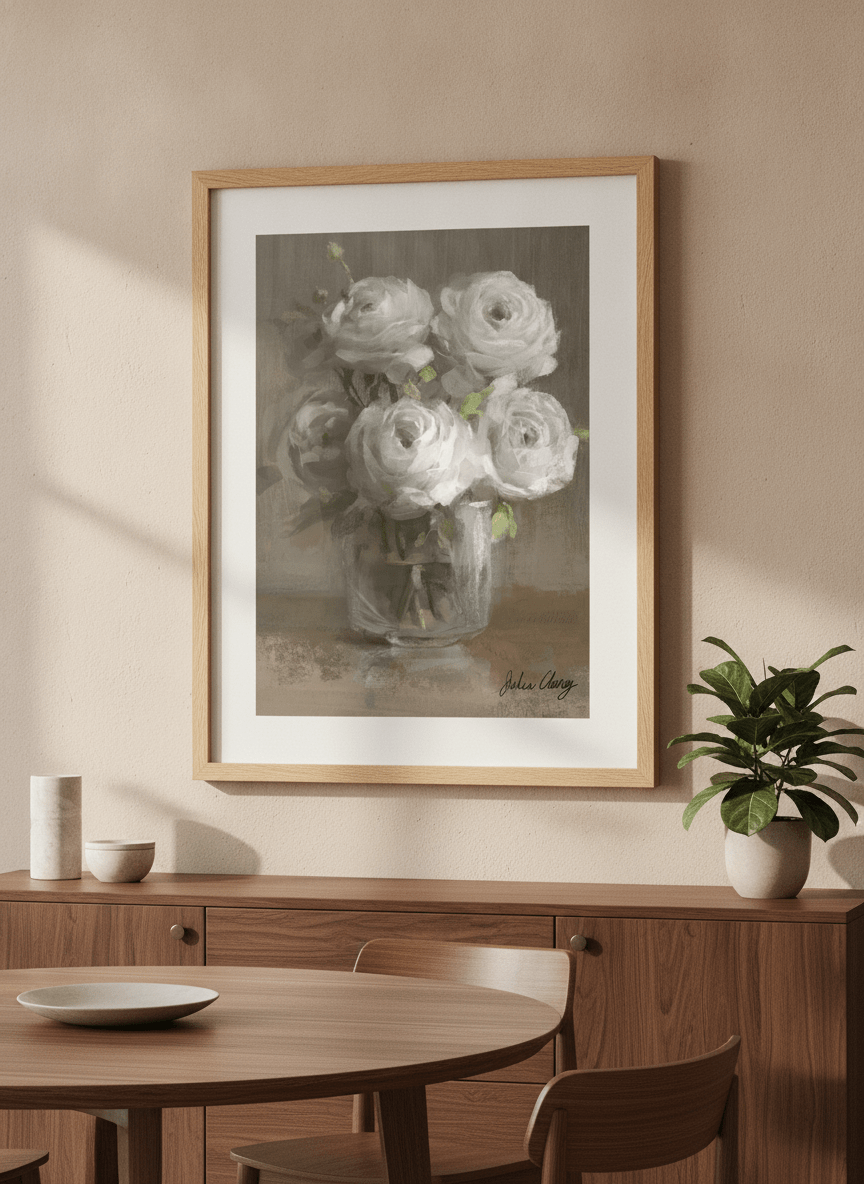 Wall art styled above a dining table in a contemporary home