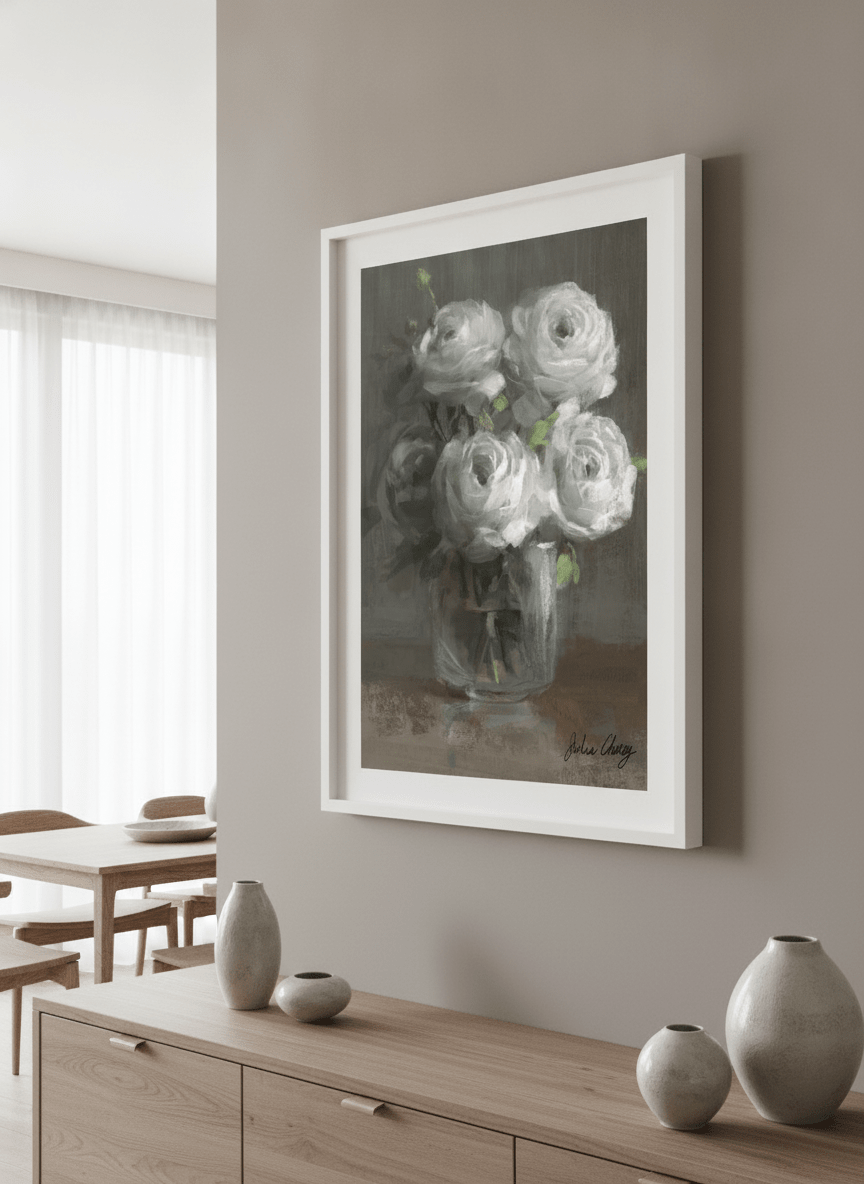 Wall art styled above a dining table in a contemporary home