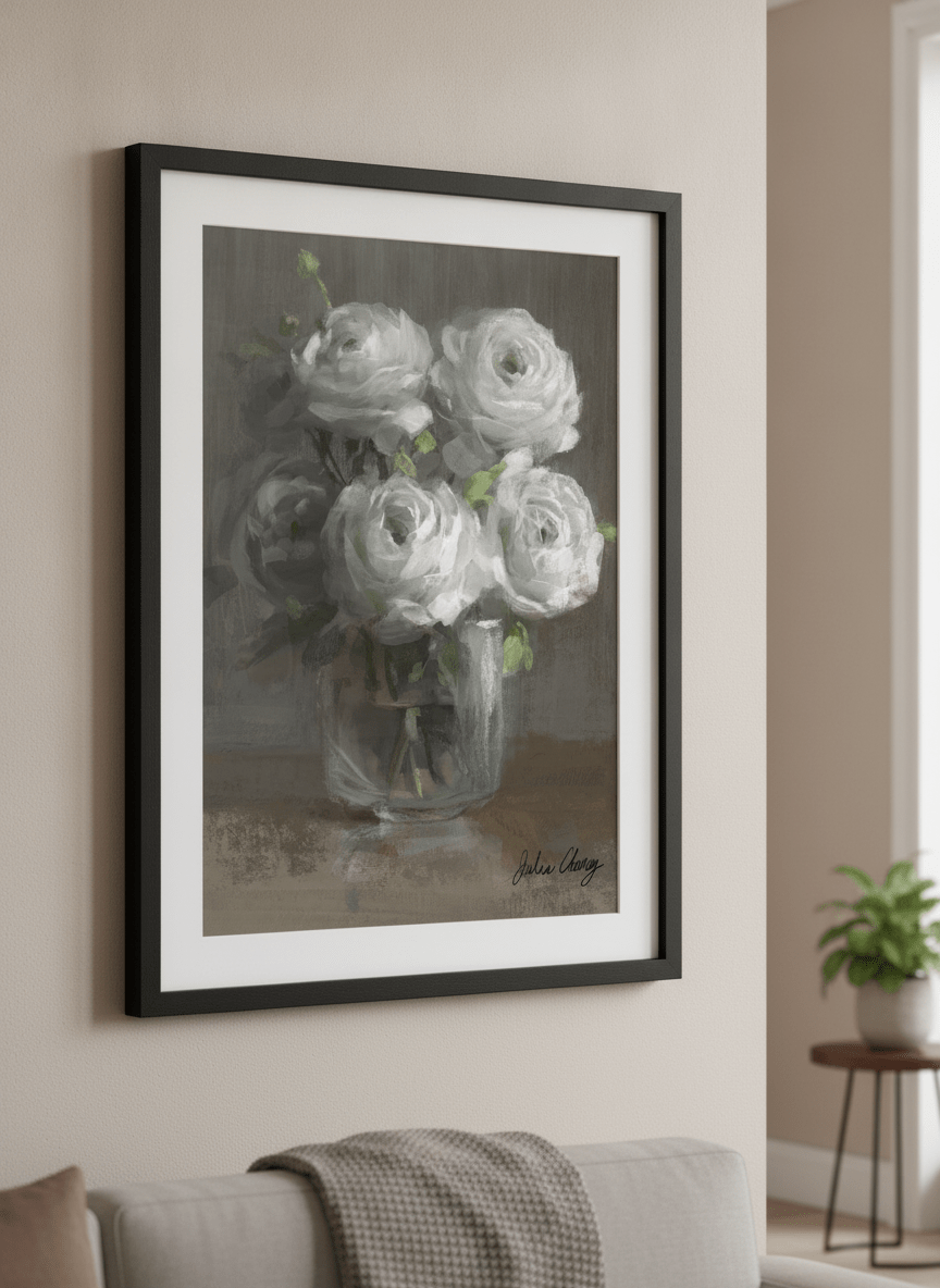 Modern wall art styled above a sofa in a neutral living room