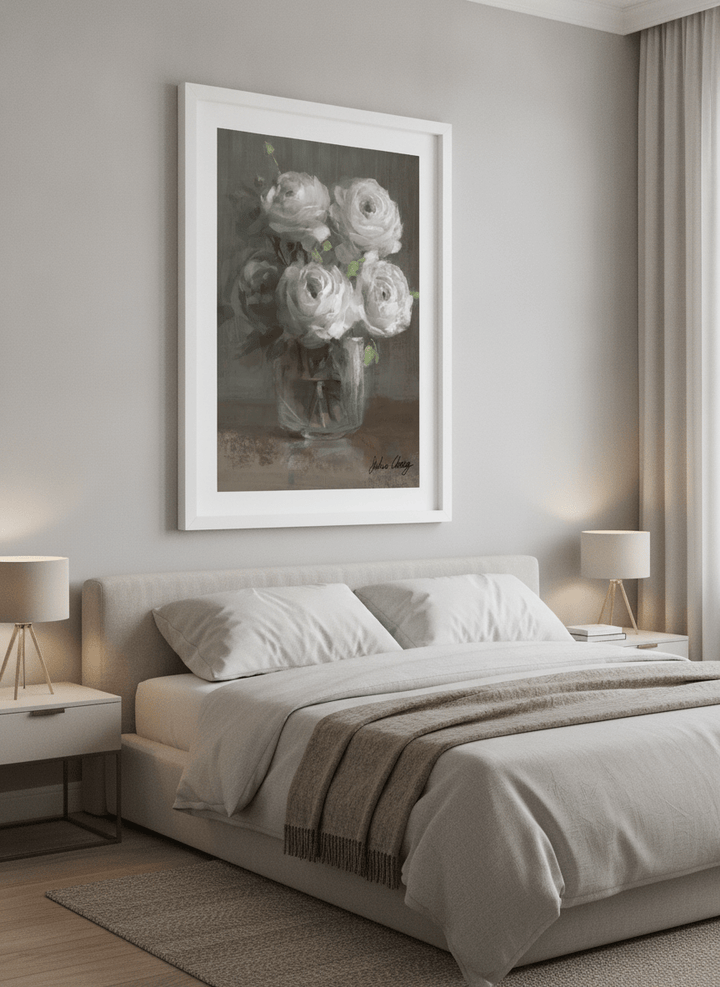 Minimalist artwork displayed in a calm, light-filled bedroom interior