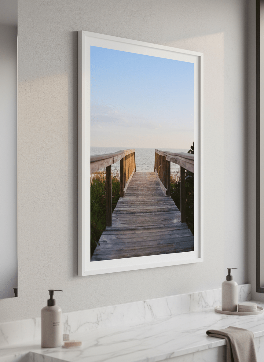 Modern print displayed in a clean minimalist bathroom setting