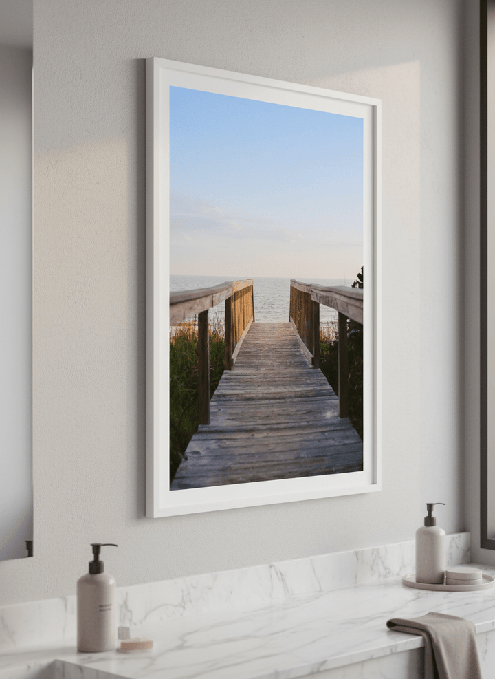 Modern print displayed in a clean minimalist bathroom setting