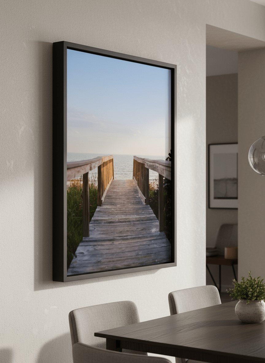 Wall art styled above a dining table in a contemporary home