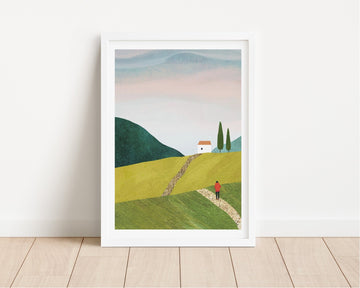 Artwork of a landscape with a house and person on a path, on a white wall.