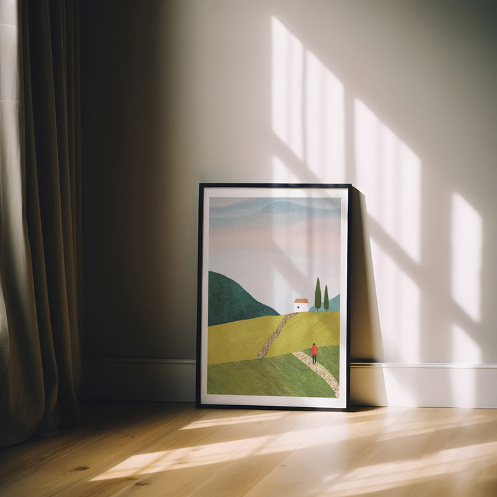 Artwork of a landscape with a house and trees on a wall with sunlight casting shadows.