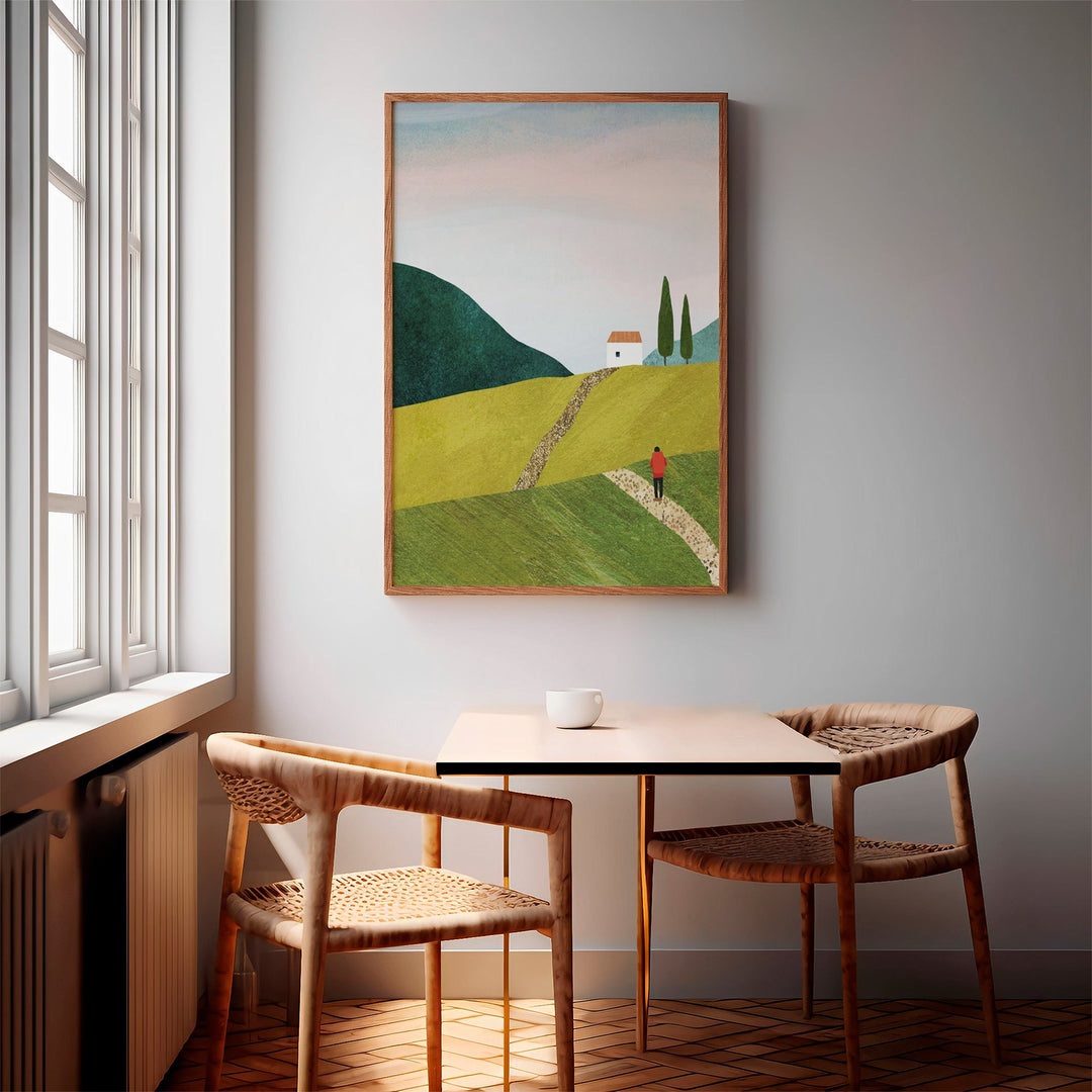 Dining room with a table and chairs, and a landscape painting on the wall.