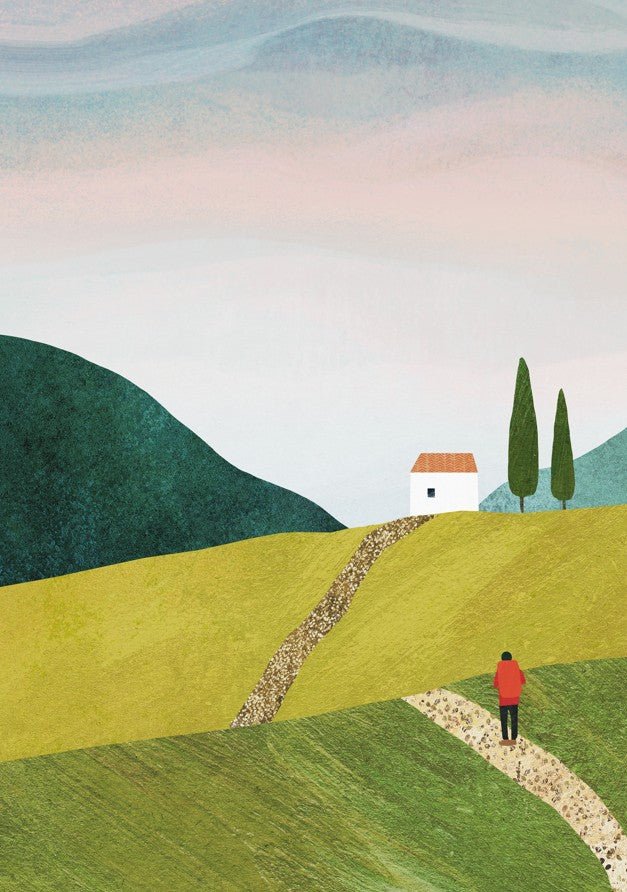 Surreal landscape with a person walking on a path towards a house among green hills and trees. framed