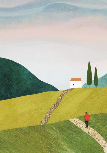 Surreal landscape with a person walking on a path towards a house among green hills and trees. framed