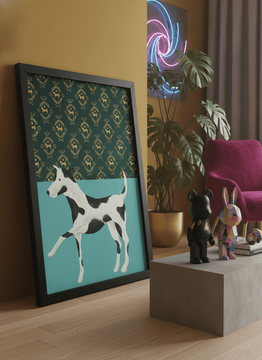 Bold wall art styled in a colourful, eclectic modern home