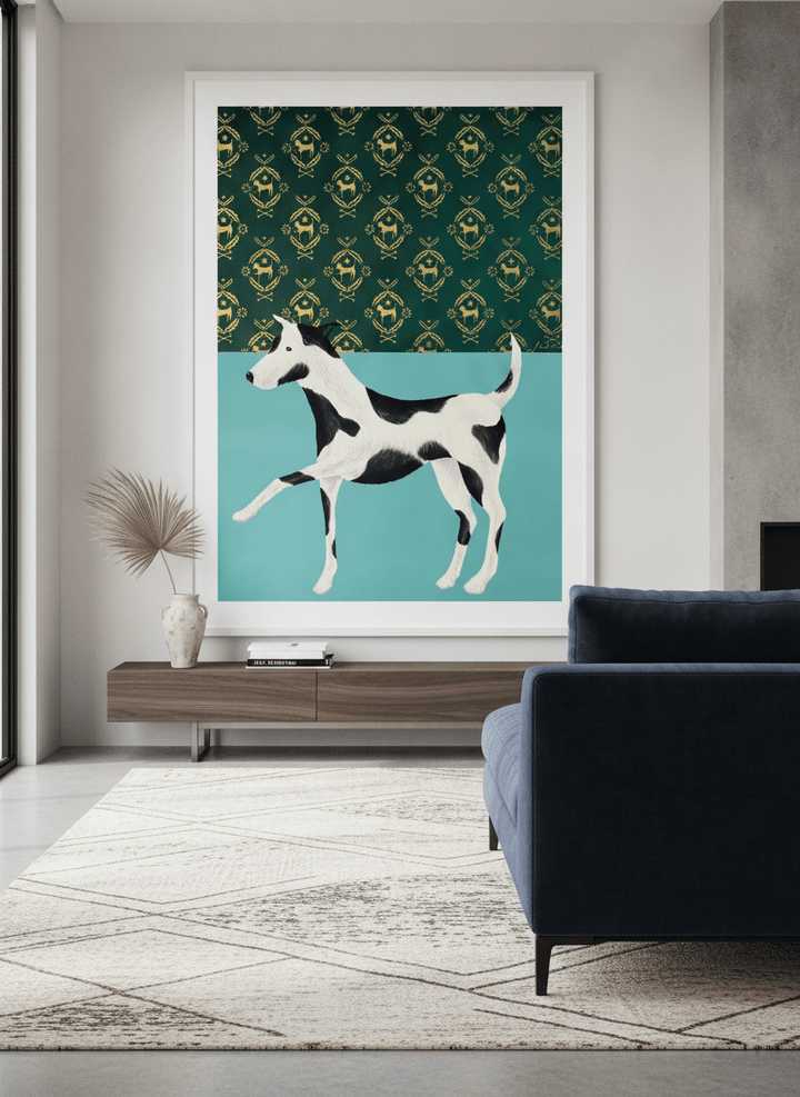 Monumental artwork centred on a feature wall in a luxe interior