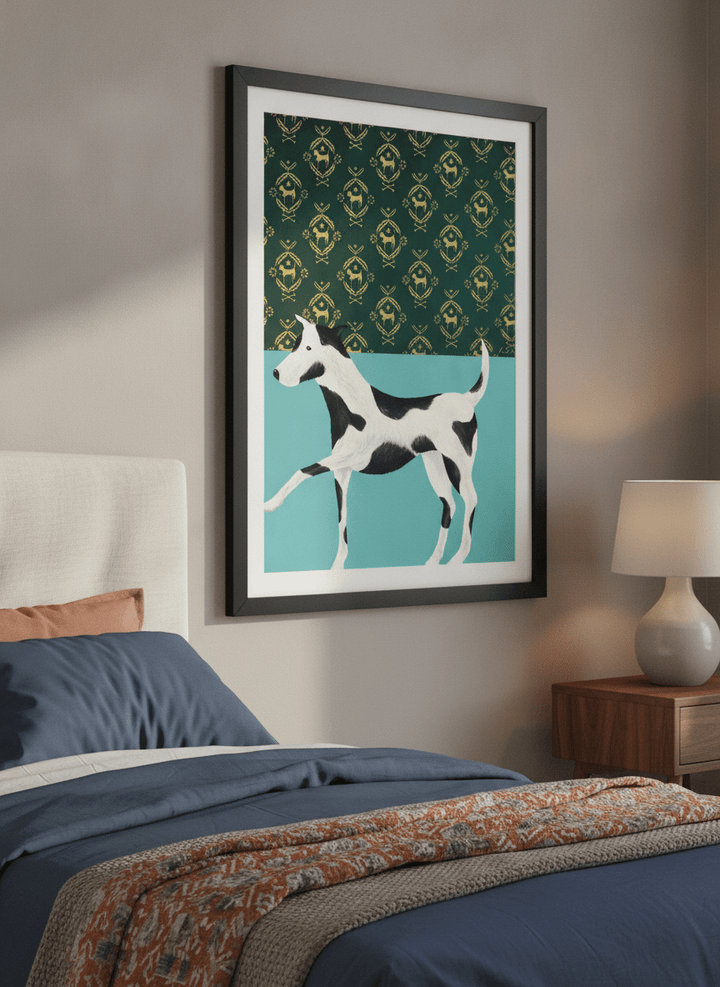 Minimalist artwork displayed in a calm, light-filled bedroom interior