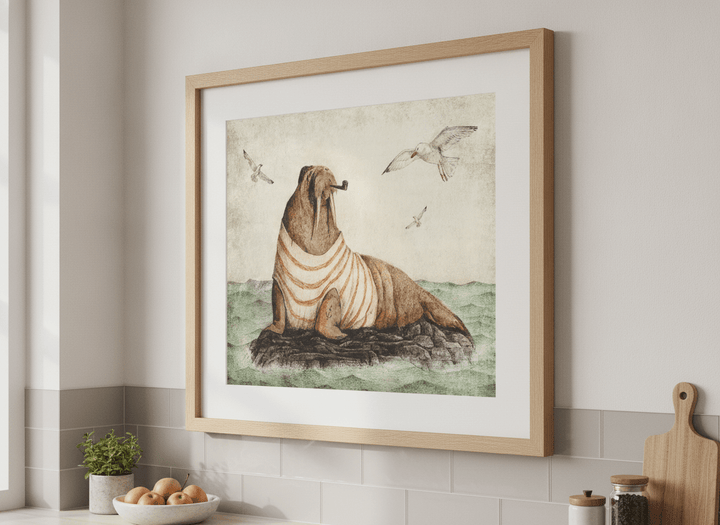 Artwork styled on the wall of a bright modern kitchen