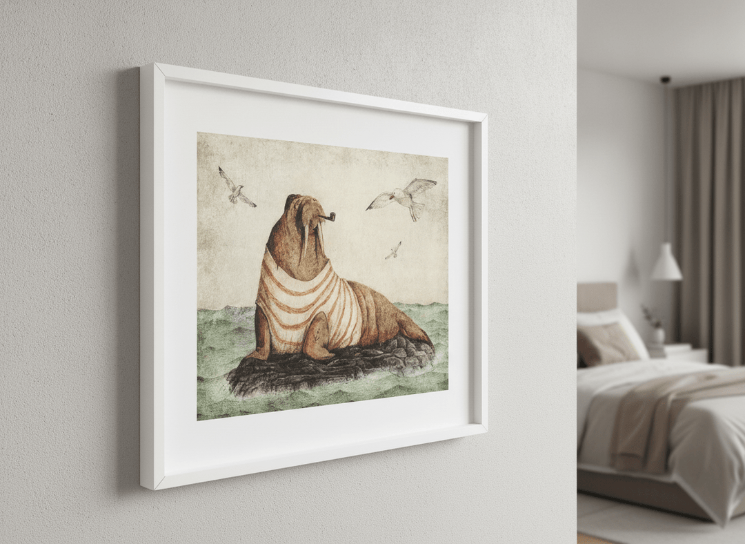 Minimalist artwork displayed in a calm, light-filled bedroom interior