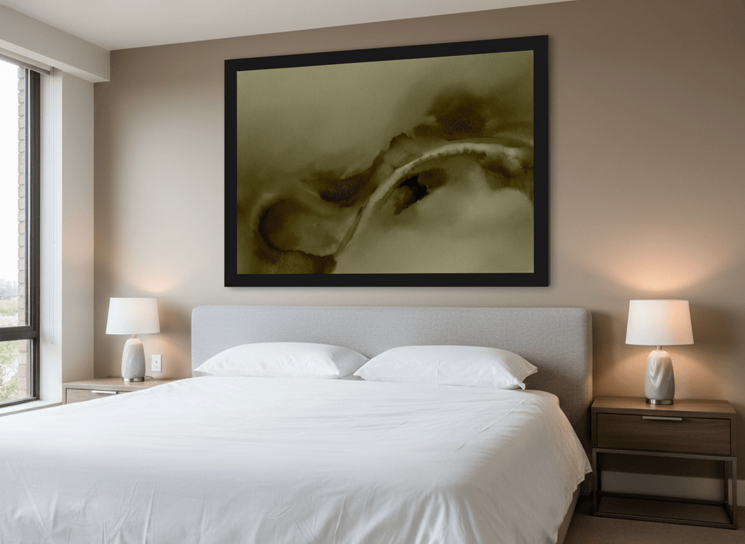 Minimalist artwork displayed in a calm, light-filled bedroom interior