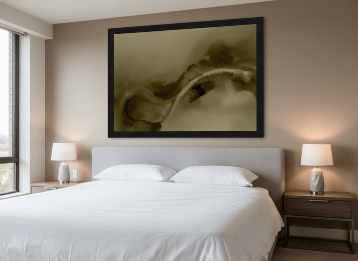 Minimalist artwork displayed in a calm, light-filled bedroom interior