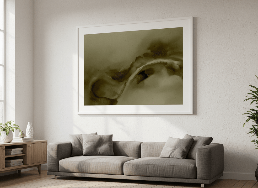 Artwork displayed above a credenza in a real-looking contemporary home