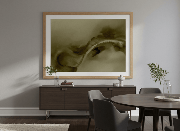 Monumental artwork centred on a feature wall in a luxe interior