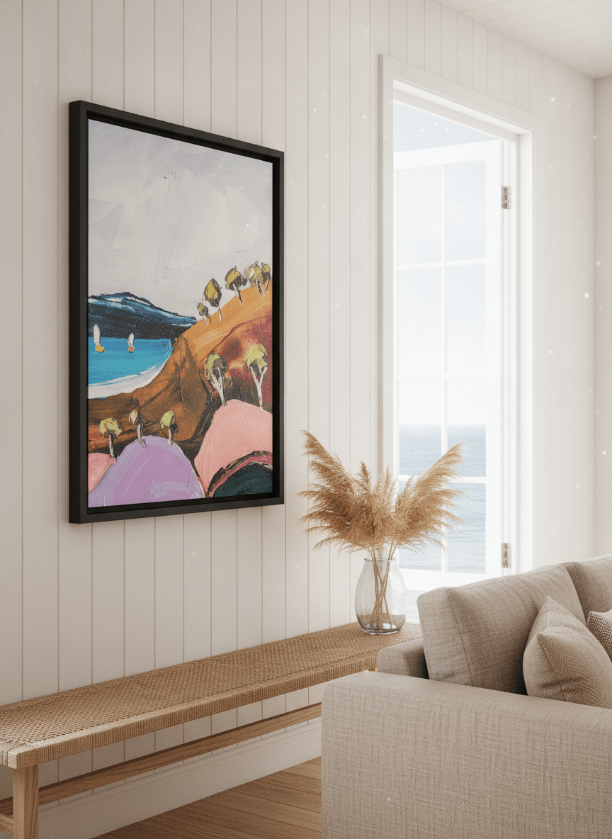 Neutral wall art displayed in a sunny coastal beach house