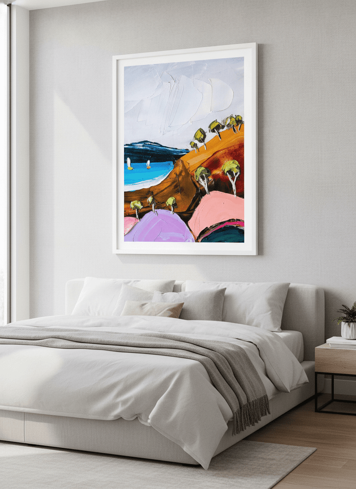 Minimalist artwork displayed in a calm, light-filled bedroom interior