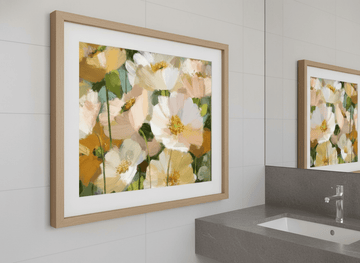 Modern print displayed in a clean minimalist bathroom setting