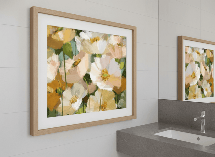Modern print displayed in a clean minimalist bathroom setting