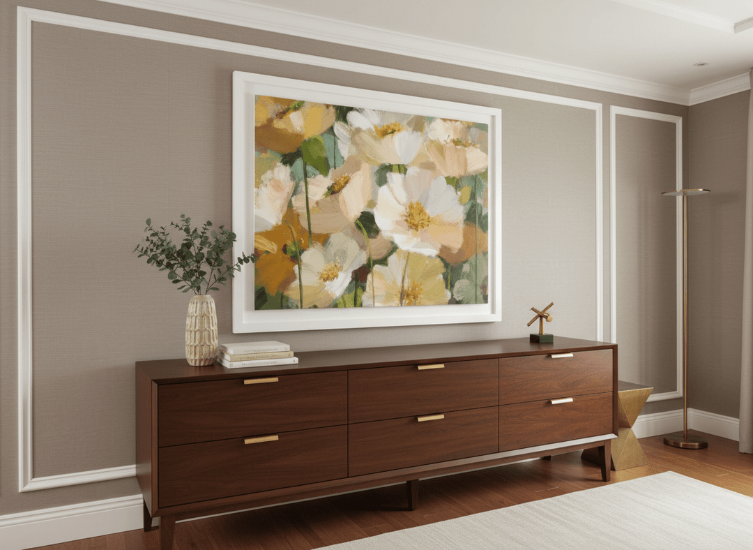Monumental artwork centred on a feature wall in a luxe interior