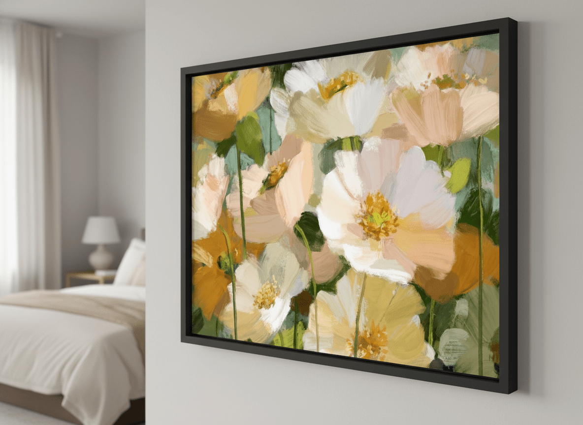 Minimalist artwork displayed in a calm, light-filled bedroom interior
