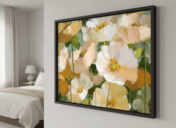 Minimalist artwork displayed in a calm, light-filled bedroom interior