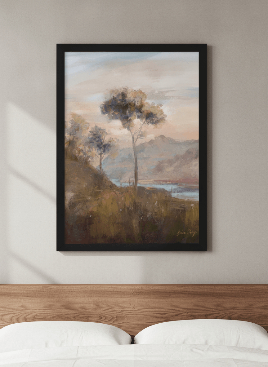 Minimalist artwork displayed in a calm, light-filled bedroom interior