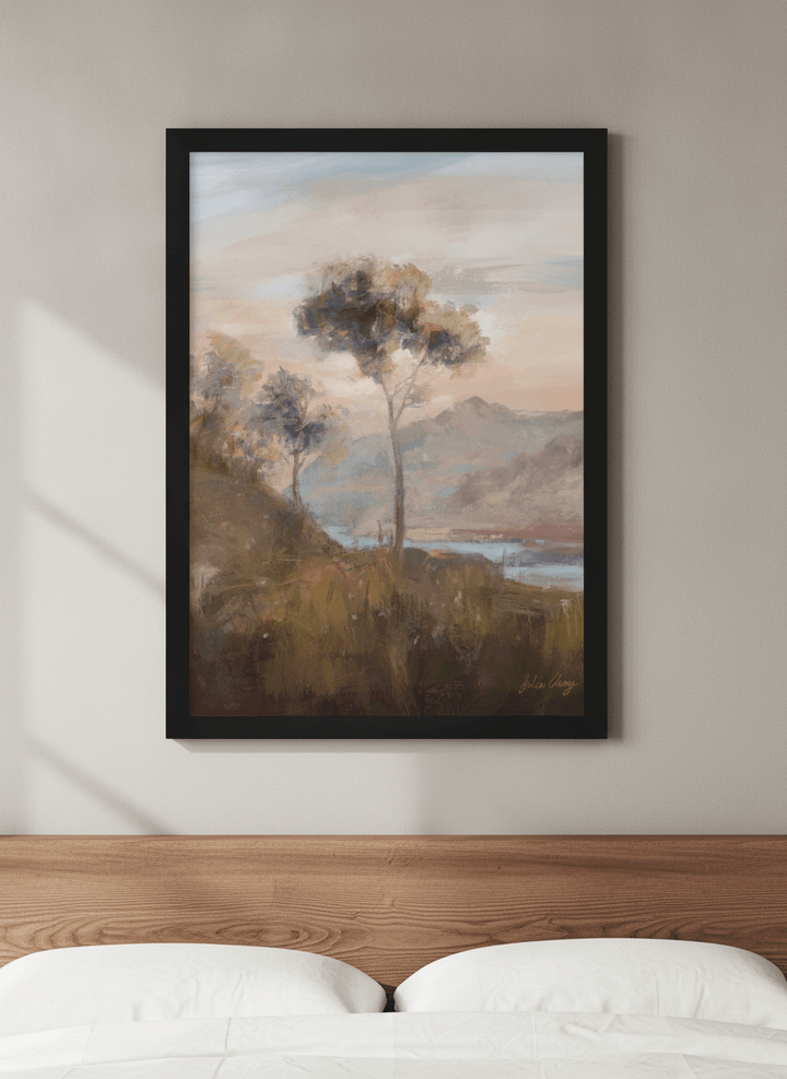 Minimalist artwork displayed in a calm, light-filled bedroom interior