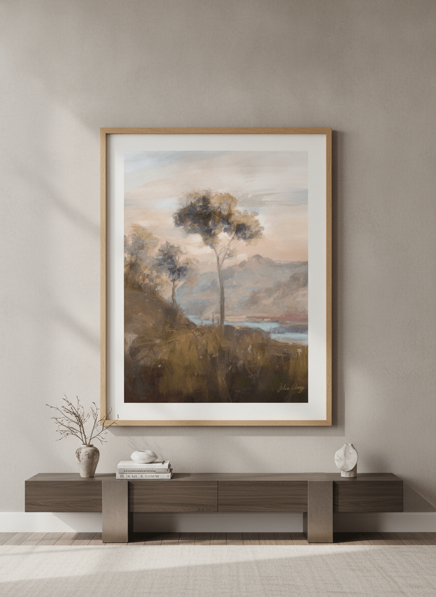 Monumental artwork centred on a feature wall in a luxe interior