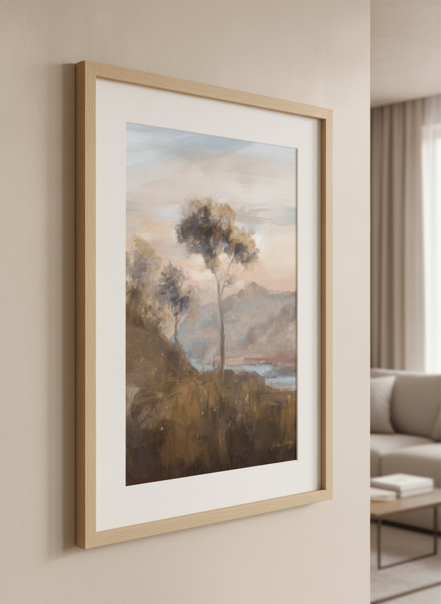 Modern wall art styled above a sofa in a neutral living room