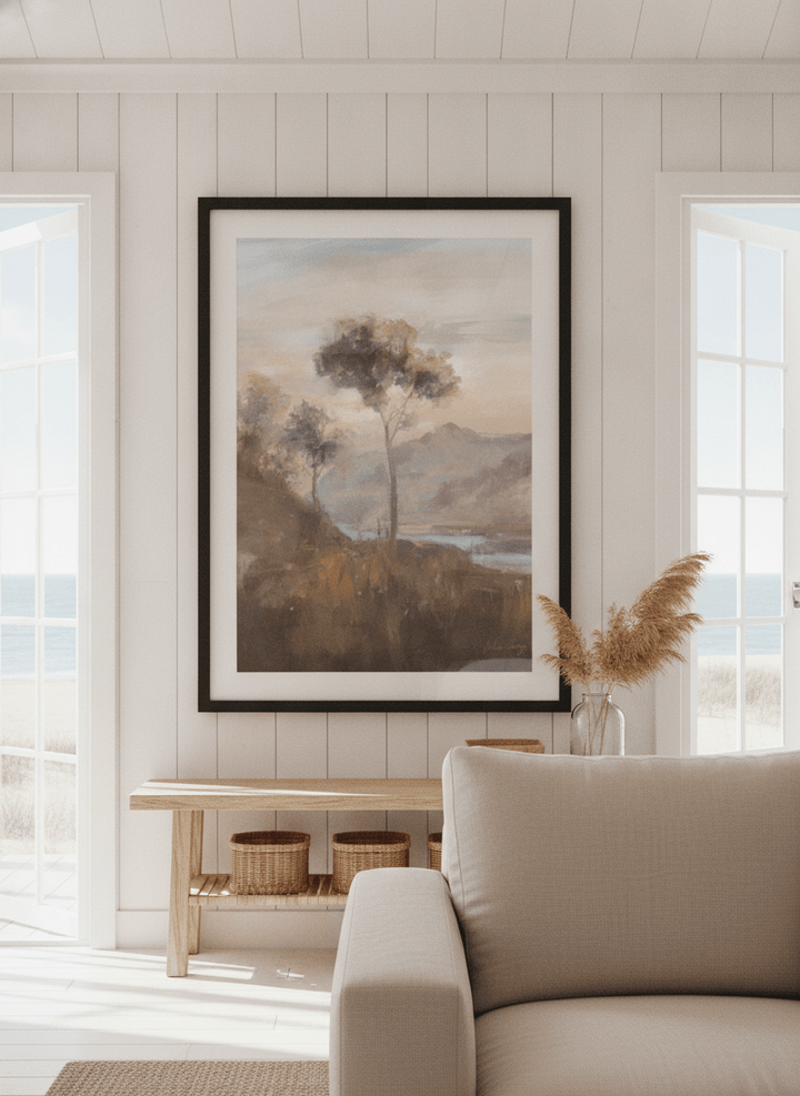 Neutral wall art displayed in a sunny coastal beach house