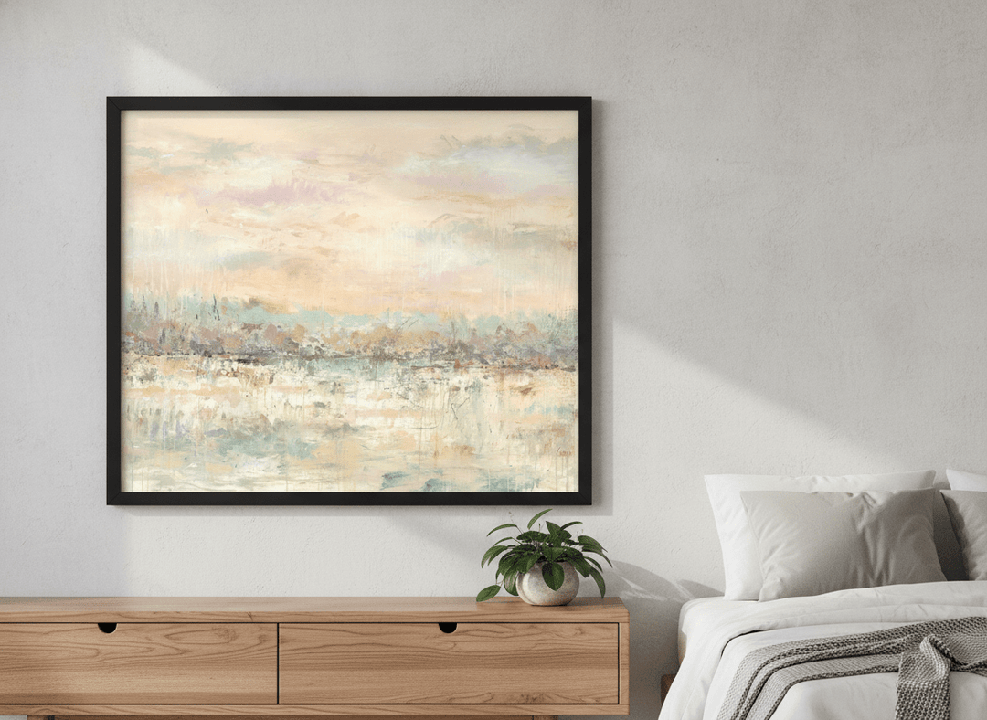 Minimalist artwork displayed in a calm, light-filled bedroom interior