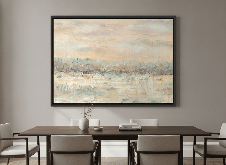 Wall art styled above a dining table in a contemporary home