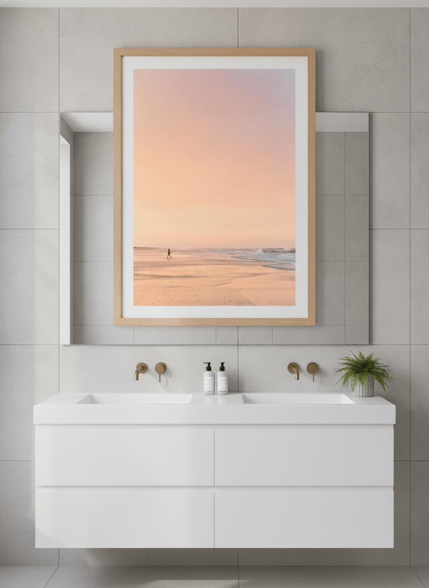 Modern print displayed in a clean minimalist bathroom setting