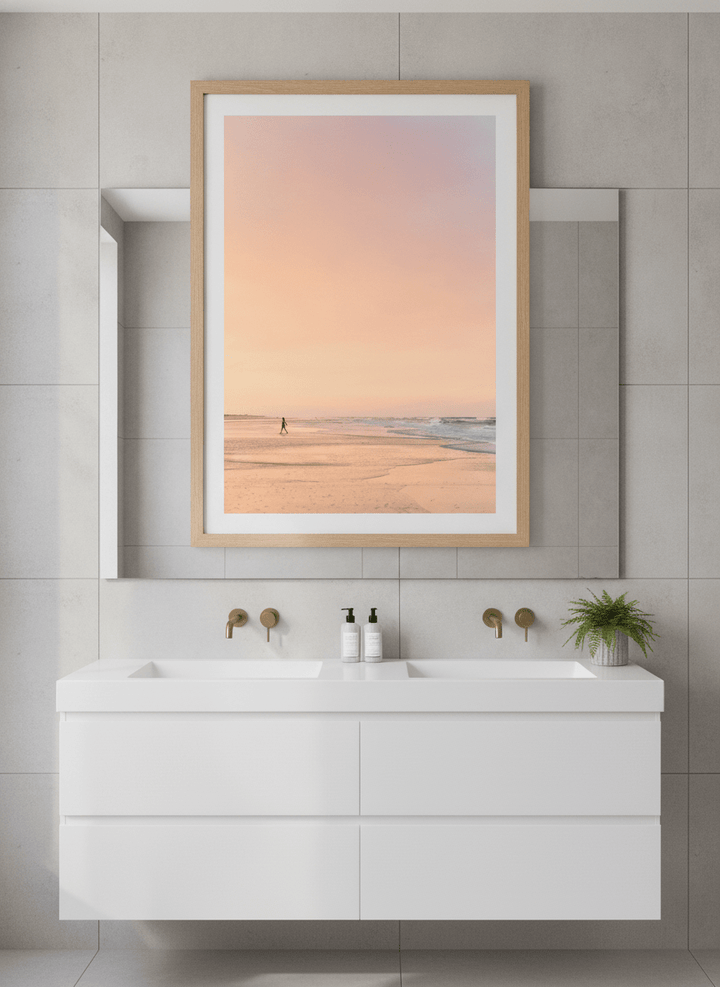 Modern print displayed in a clean minimalist bathroom setting