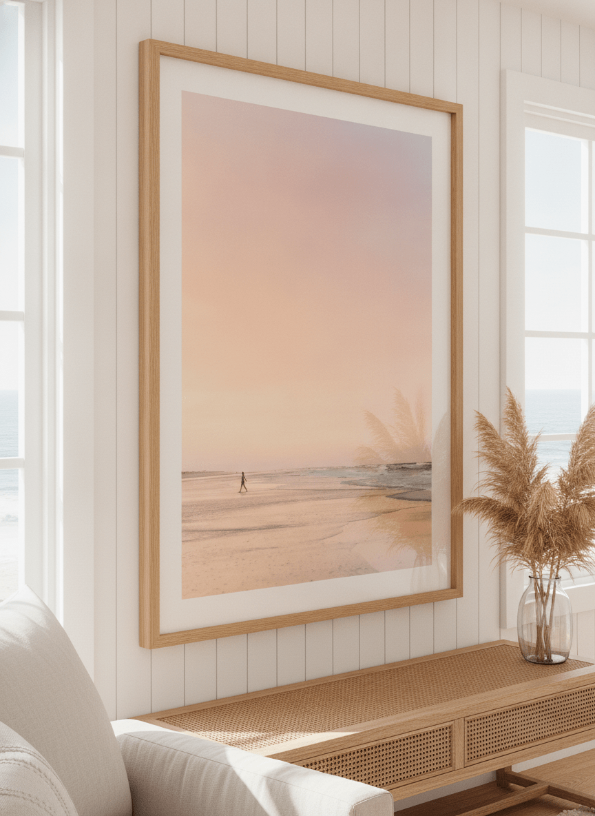 Neutral wall art displayed in a sunny coastal beach house