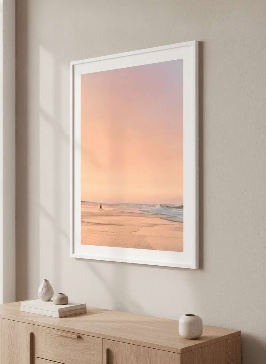 Modern wall art styled above a sofa in a neutral living room