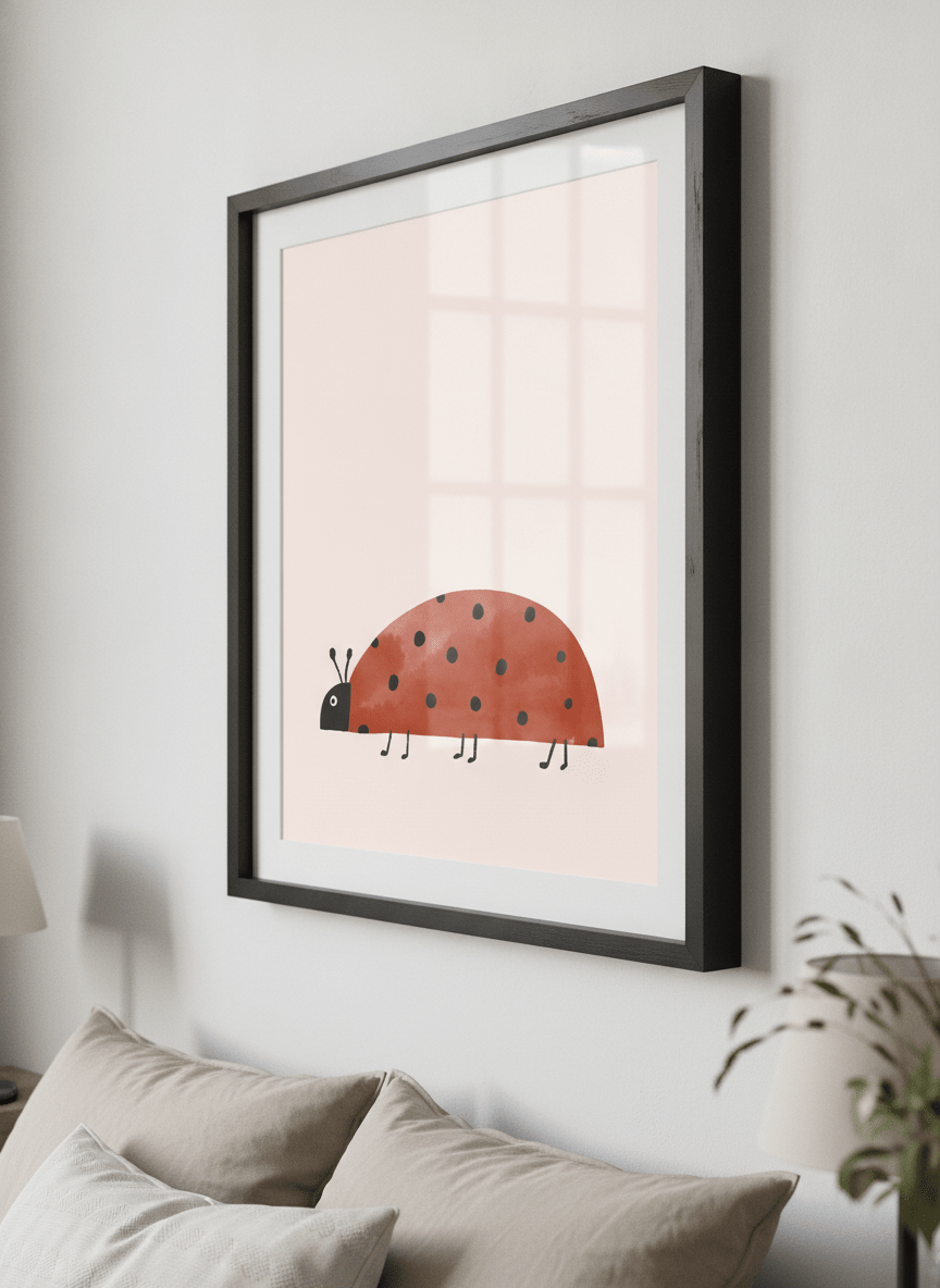 Minimalist artwork displayed in a calm, light-filled bedroom interior