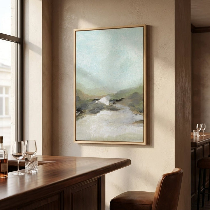 abstract painting on a wall in a room with a wooden table and chairs.