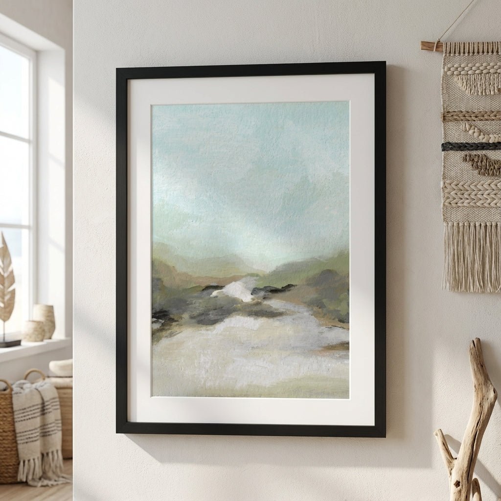 landscape painting on a wall with decorative elements.